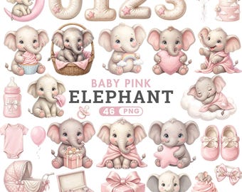 Pink Elephant Clipart, Baby Elephant PNG, Elephant Birthday Clipart, Baby Shower Clipart, Nursery Decor, Birthday Numbers, Instant Download