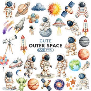 Może przedstawiać: Ilustracje akwarelowe o tematyce kosmicznej, w tym astronauci, planety, rakiety i UFO. Fraza "CUTE OUTER SPACE" jest wyświetlana z "55 PNG" poniżej. Grafika ma fantazyjny i kolorowy styl.