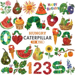 Può includere: Una collezione di illustrazioni ad acquerello ispirate a "Il piccolo bruco Maisazio". Include un bruco verde, frutta, un sole sorridente, numeri e i testi "Happy Birthday" e "Hungry Caterpillar 50 PNG."