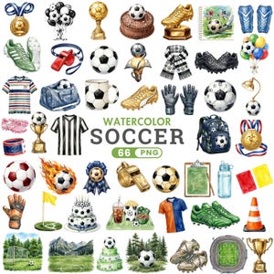 May include: A collection of watercolour football-themed illustrations including footballs, gold trophies, boots, jerseys, whistles, medals, goalkeeper gloves, a backpack, a water bottle, cakes, and stadium scenes with the text WATERCOLOR SOCCER 66 PNG.