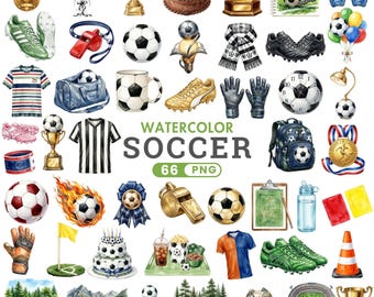 Paquete de imágenes prediseñadas de fútbol, imágenes prediseñadas de la Copa Mundial, balón de fútbol PNG, imágenes prediseñadas de deportes, gráficos de fútbol, fútbol en acuarela, sublimación, uso comercial.