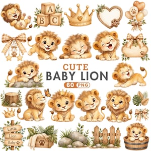 May include: A collection of digital illustrations featuring baby lions in various poses, wooden alphabet blocks, crowns, heart-shaped frames, balloons, bows, wooden signs with the text CUTE BABY LION 60 PNG, tree stumps, and foliage.