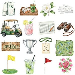 Masters inspired golf PNG collection including golf accessories, golf course items, golf bag, and sports themed watercolor illustrations.