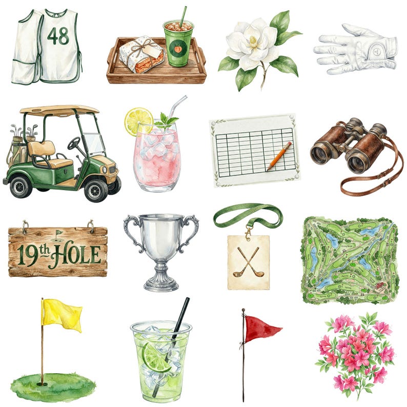 Masters inspired golf PNG collection including golf accessories, golf course items, golf bag, and sports themed watercolor illustrations.