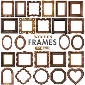 Puede incluir: Una colección de veinticinco marcos de madera decorativos en varias formas, incluyendo rectangulares, ovalados, octogonales y en forma de corazón. Los marcos presentan tallas ornamentadas y acabados en marrón oscuro o dorado. El texto central dice WOODEN FRAMES 50 PNG.