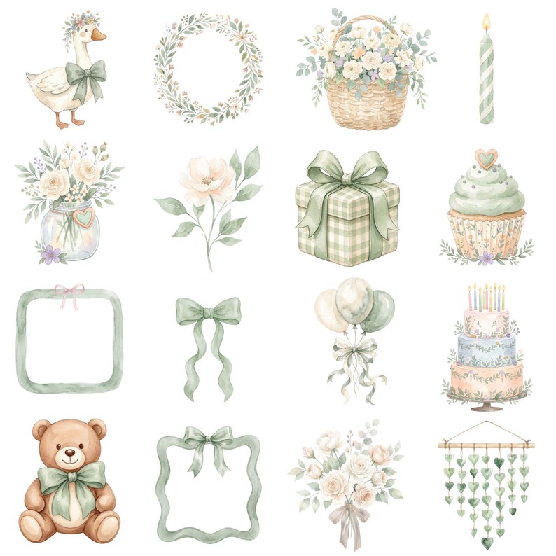 Watercolor baby goose PNG with soft sage green accents, gentle floral elements, and charming cottagecore aesthetic on a transparent background.