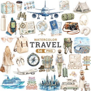 May include: A watercolour illustration of travel items, including an aeroplane, suitcase, backpack, compass, passport, camera, and a globe. The text "WATERCOLOR TRAVEL 56 PNG" is also visible.