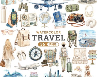 Könnte beinhalten: Aquarell-Illustration mit Elementen zum Thema Reisen. Enthält ein Flugzeug, einen Koffer, einen Rucksack, einen Kompass, einen Reisepass, eine Kamera und einen Globus. Der Text "WATERCOLOR TRAVEL 56 PNG" ist ebenfalls vorhanden.