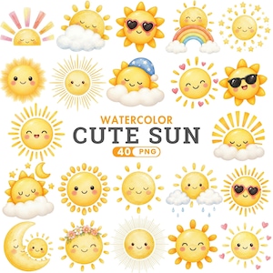 May include: A collection of watercolor illustrations featuring yellow suns with various facial expressions, some wearing heart-shaped sunglasses or nightcaps, accompanied by clouds, rainbows, stars, and moons, with the text WATERCOLOR CUTE SUN 40 PNG.