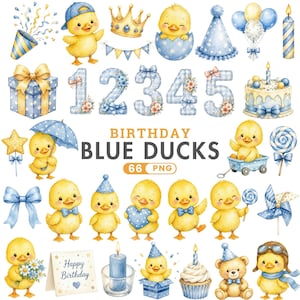 Blue Duck Birthday Clipart, Boy's First Birthday PNG, Duck Birthday PNG, Watercolor Duck, Cute Ducks PNG, Baby Shower Art, Commercial Use