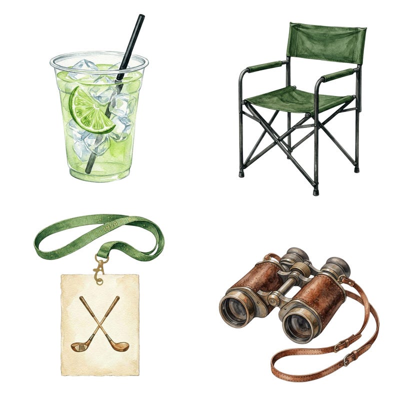 Hand painted golf clipart collection featuring realistic golf cart, golf clubs, golf ball, and golf lover themed design elements.