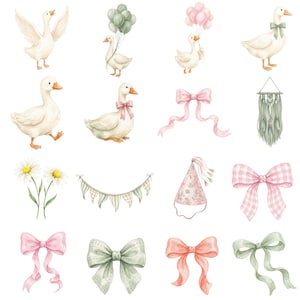 Funny goose character in pink theme holding balloon, whimsical baby shower clipart for invitations and printable decor