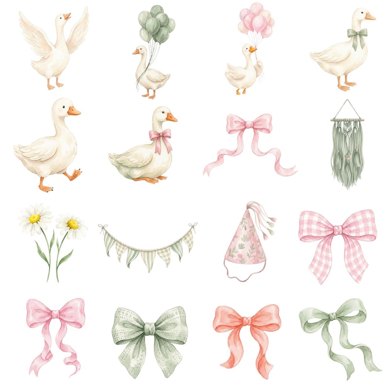 Funny goose character in pink theme holding balloon, whimsical baby shower clipart for invitations and printable decor