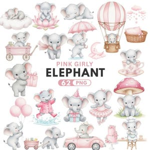 Watercolor Pink Elephant Clipart Set, Cute Elephant Png, Baby Shower Nursery Decor PNG Files