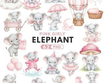 Clipartset aquarel roze olifant, schattige olifant png, babyshower kinderkamer decor png-bestanden