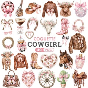 Può includere: Una collezione di illustrazioni ad acquerello a tema cowgirl. Le immagini includono un cappello da cowboy, stivali, una giacca, un cavallo, un cuscino a forma di cuore e il testo "COQUETTE COWGIRL 40 PNG". La tavolozza dei colori è principalmente rosa e marrone.