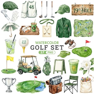 Clipart di golf ad acquerello, golf cart club, clipart sportive, golf per bambini, baby shower, regalo per la festa del papà, download digitale, uso commerciale