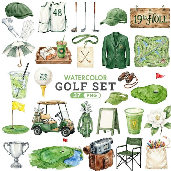 Watercolor Golf Clipart, Golf Ball Cart Club, Sports Clipart, Kids Golf, Baby Shower, Father's Day Gift, Digital Download, Commercial Use