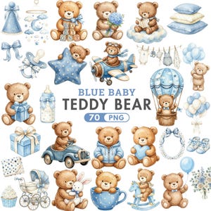 Może przedstawiać: Zbiór akwarelowych ilustracji przedstawiających misie, przedmioty związane z dziećmi oraz tekst "BLUE BABY TEDDY BEAR 70 PNG". Ilustracje obejmują misia w dwupłatowcu, misia w balonie na ogrzane powietrze i misia trzymającego niebieskie serce.