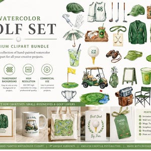 May include: Watercolor golf set clipart bundle featuring various golf-related illustrations. Includes golf clubs, a golf cart, a green jacket, a golf ball on a tee, and a sign that says "19th Hole". The text "Watercolor Golf Set" is at the top.