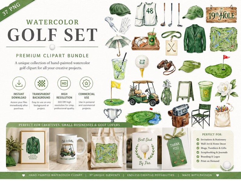 May include: Watercolor golf set clipart bundle featuring various golf-related illustrations. Includes golf clubs, a golf cart, a green jacket, a golf ball on a tee, and a sign that says "19th Hole". The text "Watercolor Golf Set" is at the top.