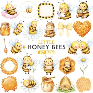 May include: A digital collection of watercolor illustrations featuring cartoon honey bees, honeycombs, daisies, honey jars, a beehive, and a yellow bow. The text LITTLE HONEY BEES 67 PNG is centered among the various bee-themed graphic elements.