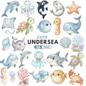 Unter dem Meer Clipart, Aquarell Ozean Tiere PNG, niedliche Meeresbewohner, Baby Ozeantiere, Korallenriff Kunst, Kinderzimmer Dekor, kommerzielle Nutzung