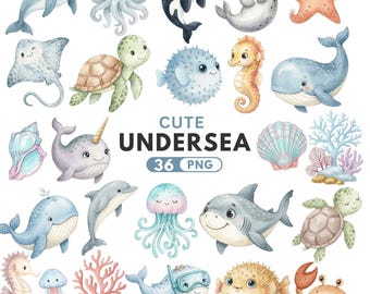 May include: A collection of watercolor illustrations of various marine animals, including dolphins, an octopus, a whale, a seal, a starfish, a stingray, a turtle, a pufferfish, a seahorse, a narwhal, a jellyfish, a shark, and a crab. The text "CUTE UNDERSEA 36 PNG" is also present.