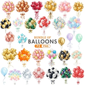 Imágenes prediseñadas de globos de acuarela, globo de cumpleaños PNG, imágenes prediseñadas para baby shower, paquete de globos para fiestas, gráficos de globos coloridos, uso comercial