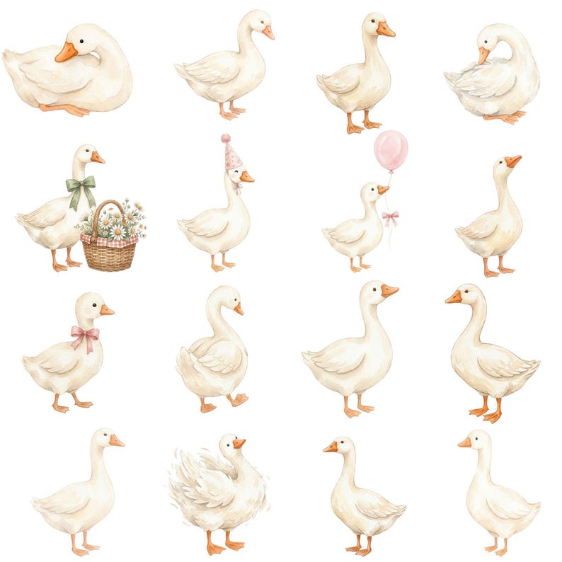 Cottagecore inspired silly goose illustration with floral accents, hand painted watercolor farm animal clipart on white background