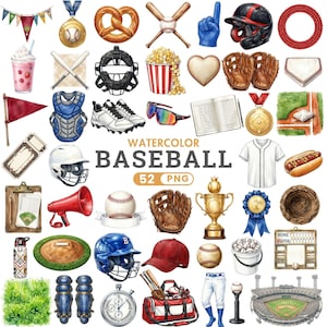 Peut inclure: Une collection d'illustrations à l'aquarelle sur le thème du baseball comprenant un casque, des battes, des gants, un trophée, un tableau d'affichage, un hot-dog, un bretzel, du pop-corn, un mégaphone, un maillot, un chronomètre et divers équipements avec le texte WATERCOLOR BASEBALL 52 PNG.