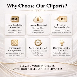 May include: An advertisement for PNG cliparts. The image features six white squares with text and icons, including "PNG", "Instant Download", and "Free For Commercial Use". The text "Elevate Your Projects With Our Premium PNG Cliparts!" is at the bottom.