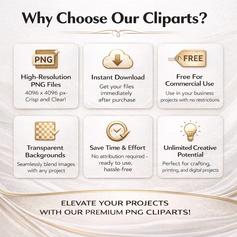 May include: An advertisement for PNG cliparts. The image features six white squares with text and icons, including "PNG", "Instant Download", and "Free For Commercial Use". The text "Elevate Your Projects With Our Premium PNG Cliparts!" is at the bottom.