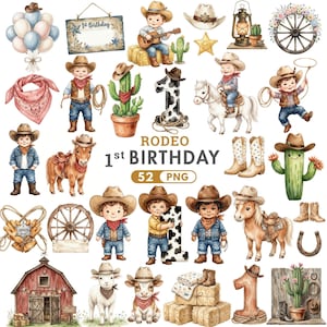 Può includere: Una collezione di illustrazioni ad acquerello a tema rodeo. Include cowboy, cavalli, cactus, stivali da cowboy, un fienile e il testo "Rodeo 1st Birthday". Ci sono anche palloncini, una bandana e una ruota di carro.