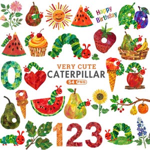 May include: A collection of digital illustrations featuring a green caterpillar, various fruits, flowers, numbers, and the text Happy Birthday, Very Cute Caterpillar, and 54 PNG, all rendered in a textured, collage-style artistic aesthetic.