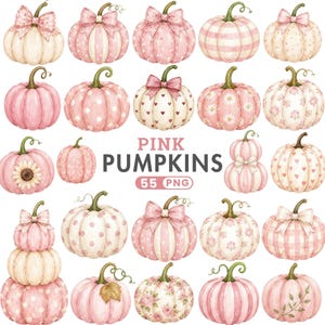 Può includere: Una collezione di illustrazioni ad acquerello raffiguranti varie zucche rosa con motivi a righe, pois, cuori, fiori e fiocchi. Il testo centrale recita PINK PUMPKINS 55 PNG, mostrando una varietà di disegni decorativi di zucche.