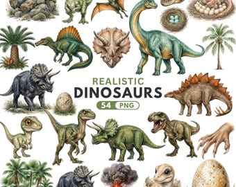 Realistic Dinosaur Clipart, T-Rex Triceratops Raptor PNG, Jurassic Dino Nursery Art, Baby Shower Dinosaur, Instant Download Commercial Use