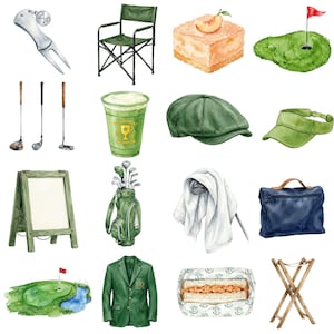 Golf themed digital clipart bundle with hand painted watercolor golf cart, golf ball, clubs, and party decor elements for sublimation projects.