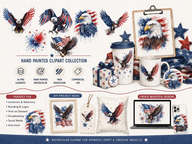 Independence day eagle PNG clipart with stars and stripes, bold American pride design, transparent background for digital download use