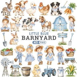 Puede incluir: Una colección digital de ilustraciones en acuarela titulada LITTLE BLUE BARNYARD 43 PNG que presenta animales de granja, niños con trajes de cuadros azules, un granero azul, un tractor, un molino, un pozo, herramientas y productos agrícolas.
