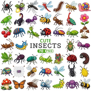 Puede incluir: Una colección de ilustraciones de insectos de dibujos animados que presenta varios bichos, arañas, orugas y mariposas, con el texto CUTE INSECTS 70 PNG centrado en el medio, mostrando colores vibrantes y diversas especies en cuadrícula.