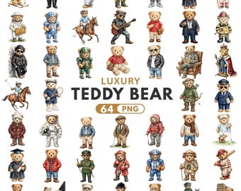 Teddybär Clipart, Luxus Polo Bär PNG Bundle, Baby Dusche Clipart, Kinderzimmer Dekor Kunst, Vintage Teddybär, Sublimation PNG, kommerzielle Nutzung
