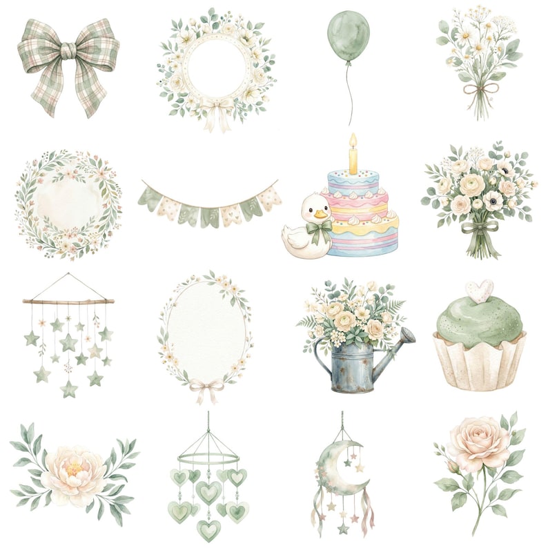 Cute goose illustration with bow and pastel details in watercolor style, ideal for baby shower invitations, nursery prints, and scrapbook projects.
