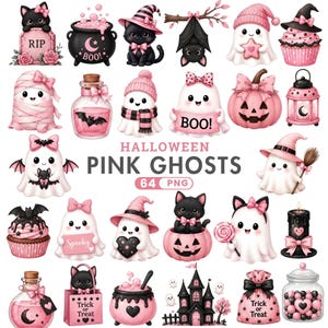Pode incluir: Uma coleção de ilustrações digitais com personagens de Halloween em rosa e preto, incluindo fantasmas, gatos, morcegos, abóboras, cupcakes e poções. O texto central diz HALLOWEEN PINK GHOSTS 64 PNG, com outros elementos como BOO, Spooky e Trick or Treat.