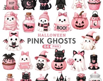 Pink Ghost Clipart, Cute Halloween Ghost PNG, Coquette Ghost, Pastel Halloween Clipart, Kawaii Ghost PNG, Watercolor Ghost, Commercial Use