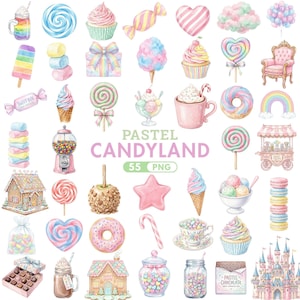 May include: Watercolor illustrations of various candies and sweets in pastel colors. Includes lollipops, cupcakes, ice cream, a gumball machine, and a gingerbread house. Text reads "PASTEL CANDYLAND 55 PNG".