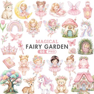 Clipart di giardino delle fate ad acquerello, fata rosa PNG, fate magiche, casa delle fate a forma di fungo, foresta incantata, PNG per baby shower, uso commerciale