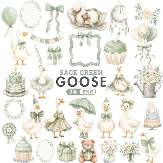 Watercolor Goose Clipart, Sage Green Silly Goose PNG, Baby Shower Clipart, Nursery Art, Storybook Goose, Cottagecore Animal, Commercial Use