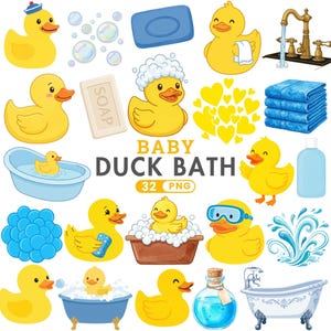 Może przedstawiać: Kolekcja cyfrowych ilustracji przedstawiających żółte gumowe kaczuszki, niebieskie wanny, mydła, ręczniki i rozpryski wody. Tekst BABY DUCK BATH 32 PNG znajduje się pośrodku różnych grafik o tematyce kąpielowej, w tym baniek i kranów.