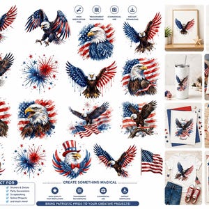 Patriotic eagle clipart with red white blue colors, detailed feather design, high quality PNG for USA 250th anniversary projects